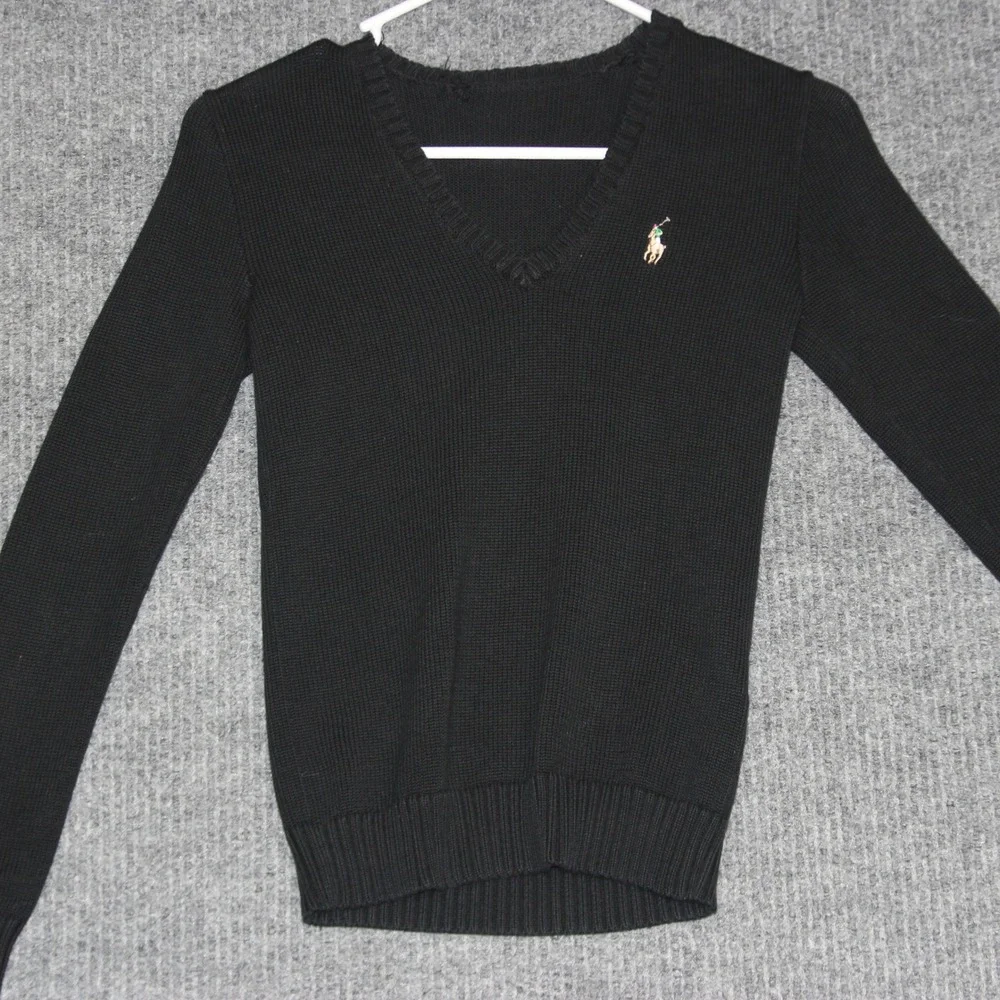 Ralph Lauren Black V Neck‎ Cotton Knit Sweater Kids Small Pony Logo Pullover